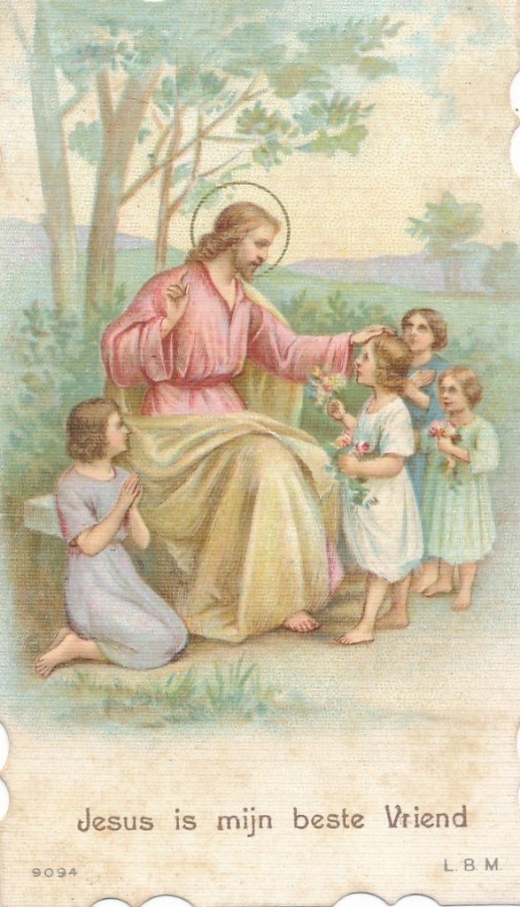 3 Mooie oude devotieprentje Jezus kindervriend, Ophalen of Verzenden, Zo goed als nieuw, Kaart of Prent, Christendom | Katholiek