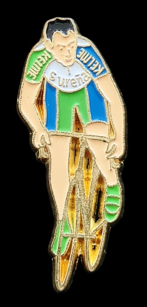 Wielrenner pin- l.blauw-l.groen trui, Verzamelen, Speldjes, Pins en Buttons, Verzenden, Nieuw, Transport, Speldje of Pin