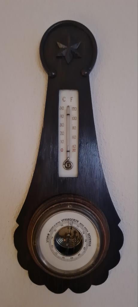 Antieke Barometer en Thermometer - Houten Weerstation, Audio, Tv en Foto, Weerstations en Barometers, Ophalen of Verzenden, Gebruikt