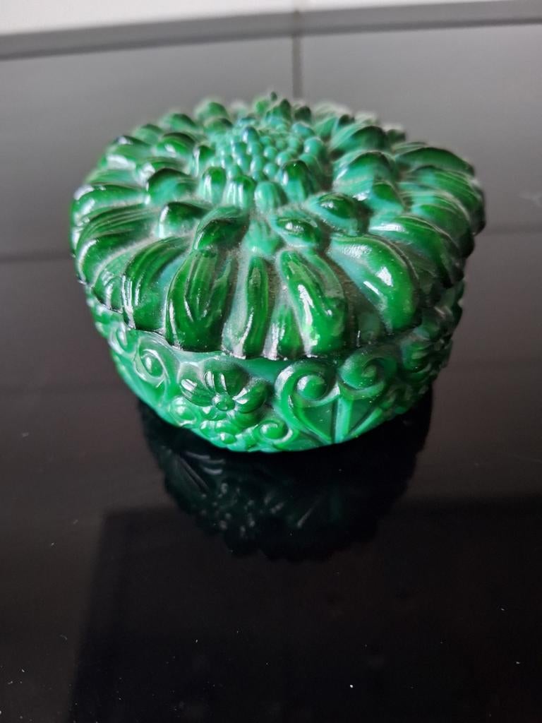 Vintage Groene Malachiet Glazen Sieradendoosje, Ophalen of Verzenden