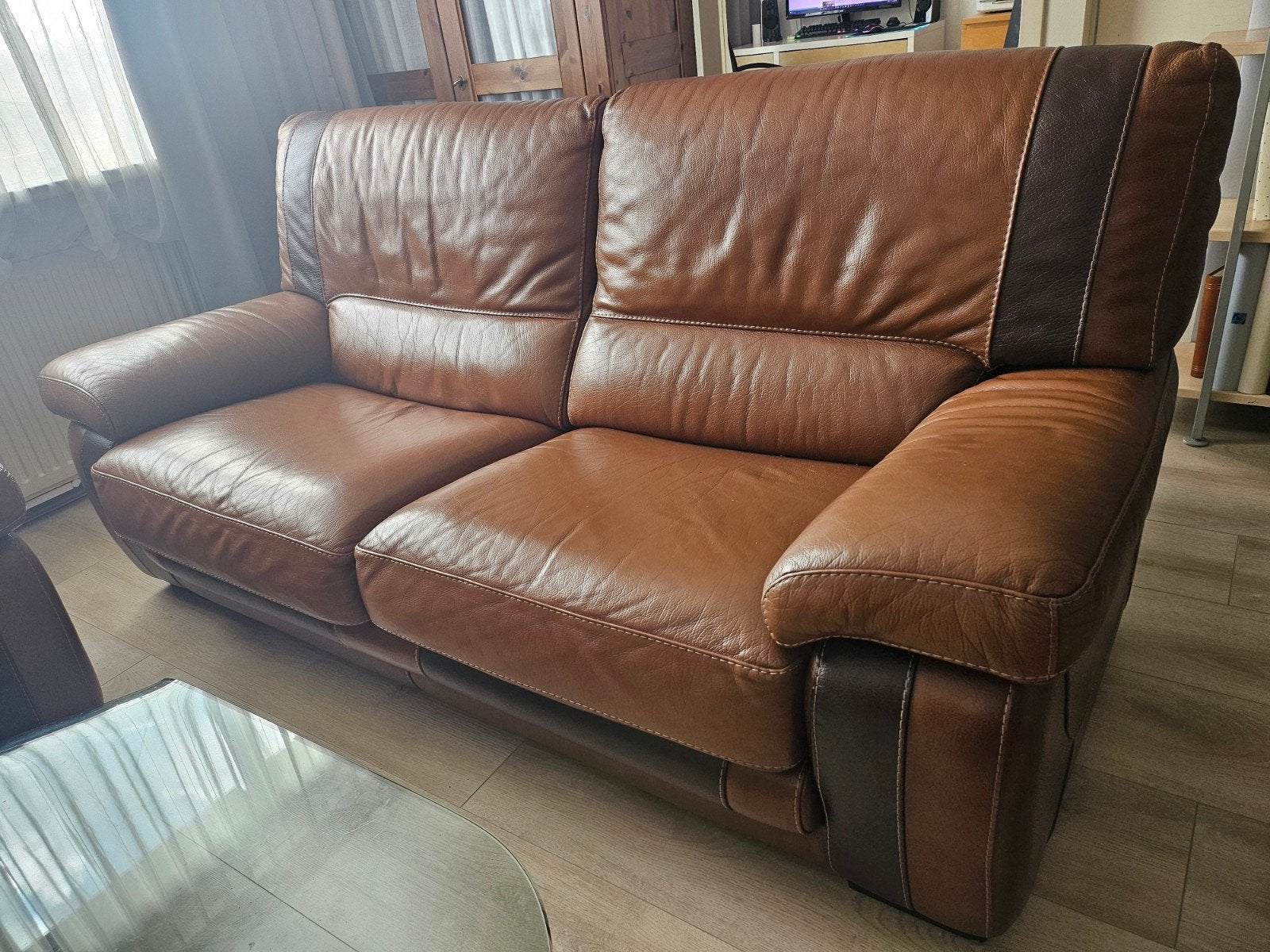 Leren bankstel: 2,5-zits bank/2 fauteuils/hocker, Ophalen, Gebruikt, Leer, Modern klassiek