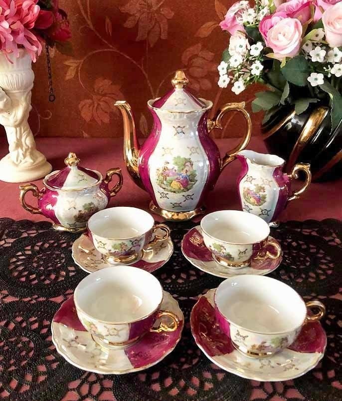 Oud mokka servies / theeservies set porselein barok, Ophalen of Verzenden