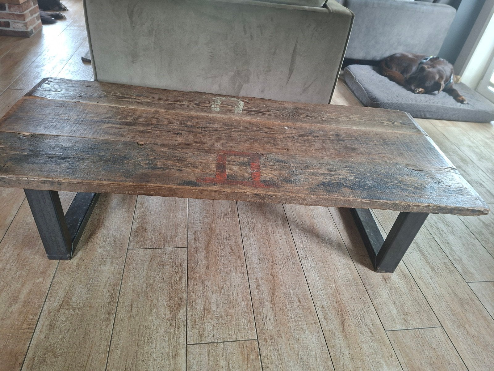 Stoere salontafel van wagondelen met stalen onderstel, Ophalen, Gebruikt, Eikenhout, Landelijk, stoer, robuust