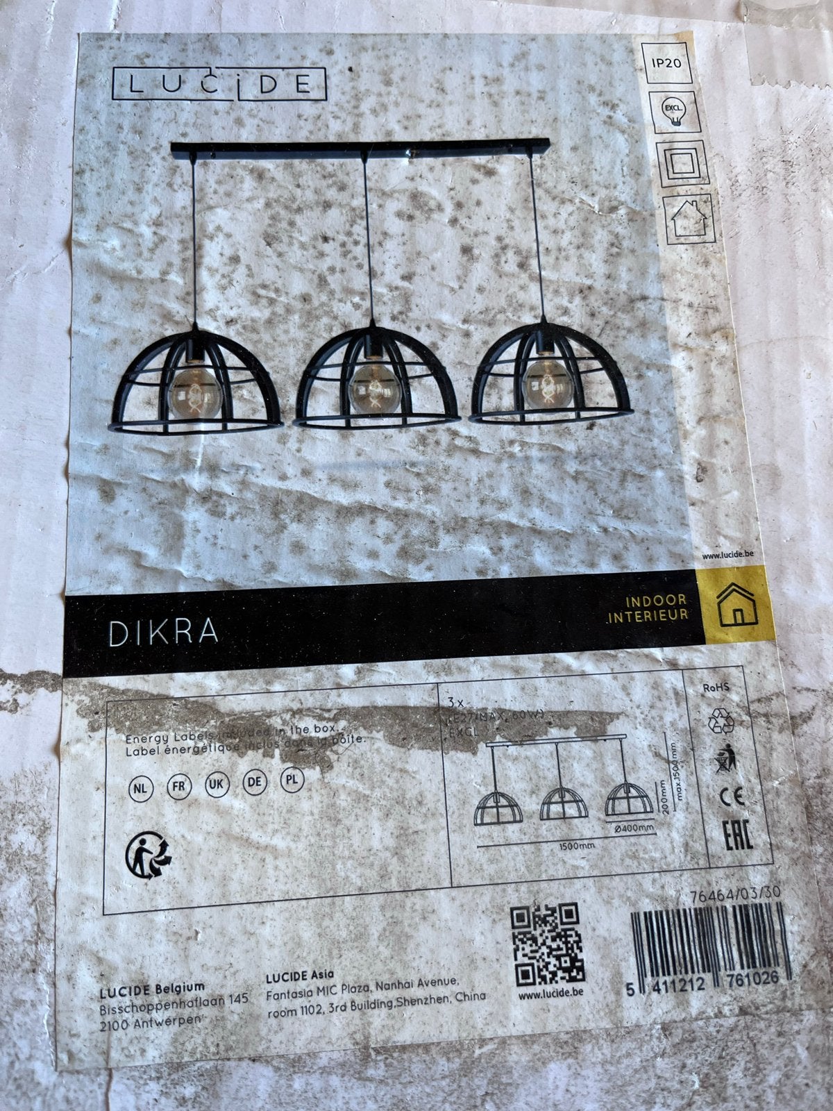 Lucide Dikra Hanglamp - Zwart, 3-lichts, Industrieel, Ophalen of Verzenden, Nieuw, Metaal, E27 (groot)