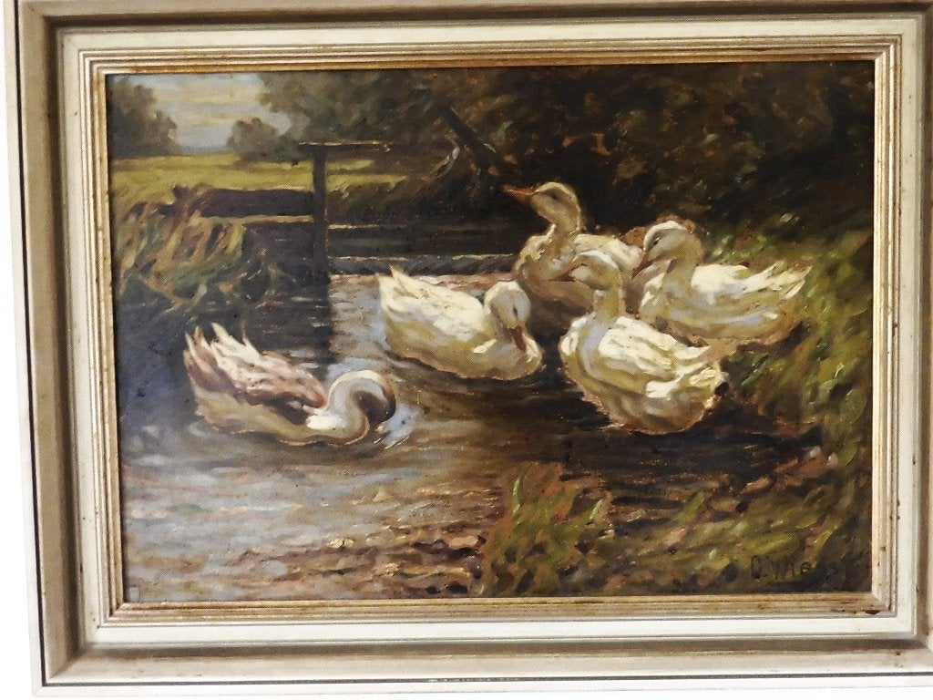 Zwemmend groepje eenden, Ophalen of Verzenden, Impressionistisch, Olieverf, Dieren