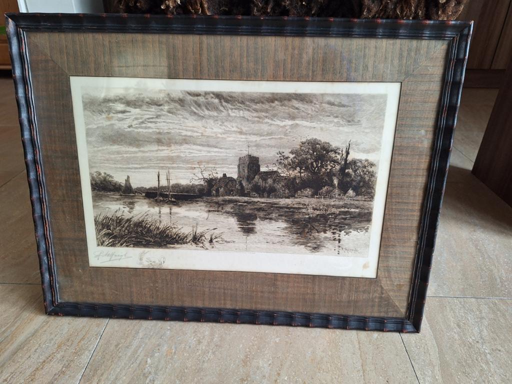 Antieke Ets van R. Halfnight, Ophalen, Landschap, Ets, Ingelijst
