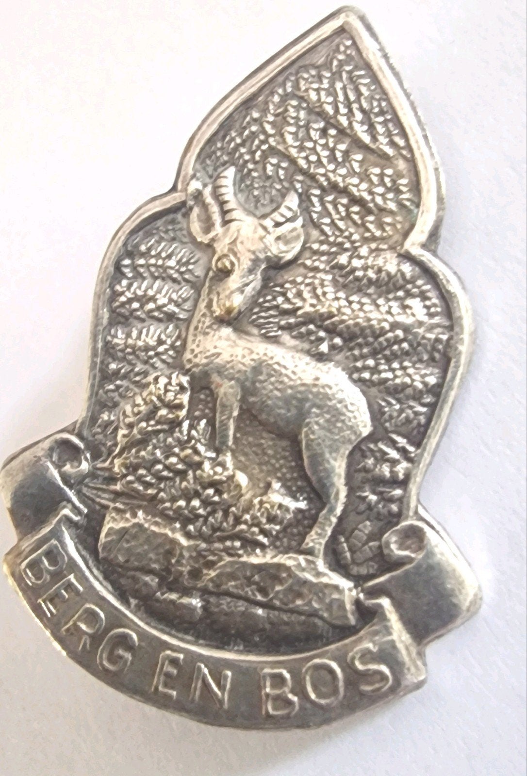 Vintage Broche "Berg en Bos" - Zilverkleurig, 4 tot 7 cm, Gebruikt, Ophalen of Verzenden, Zilver