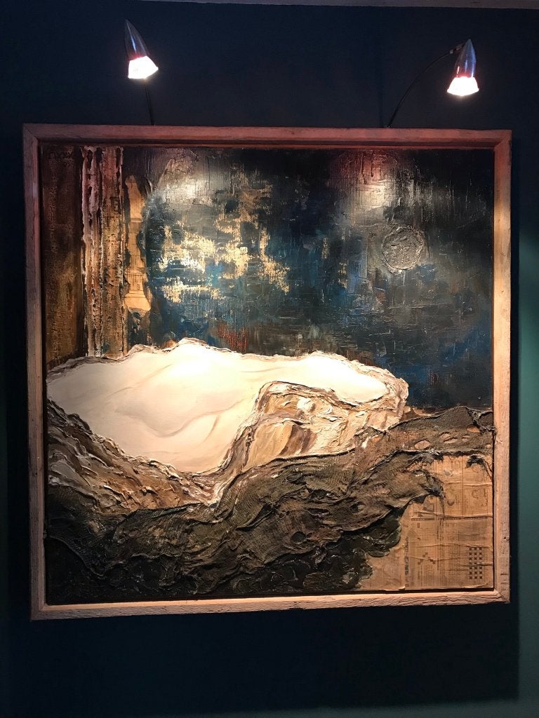 Schilderij met olieverf en reliëf, Oester 108cm x 110cm, Antiek en Kunst, Stilleven, Olieverf, Overige materialen, Ophalen