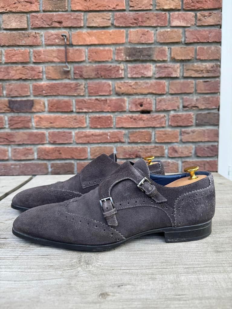 Santoni | Antraciet suède double monk strap | Maat 43, Kleding | Heren, Schoenen, Overige kleuren, Ophalen of Verzenden, Gespschoenen
