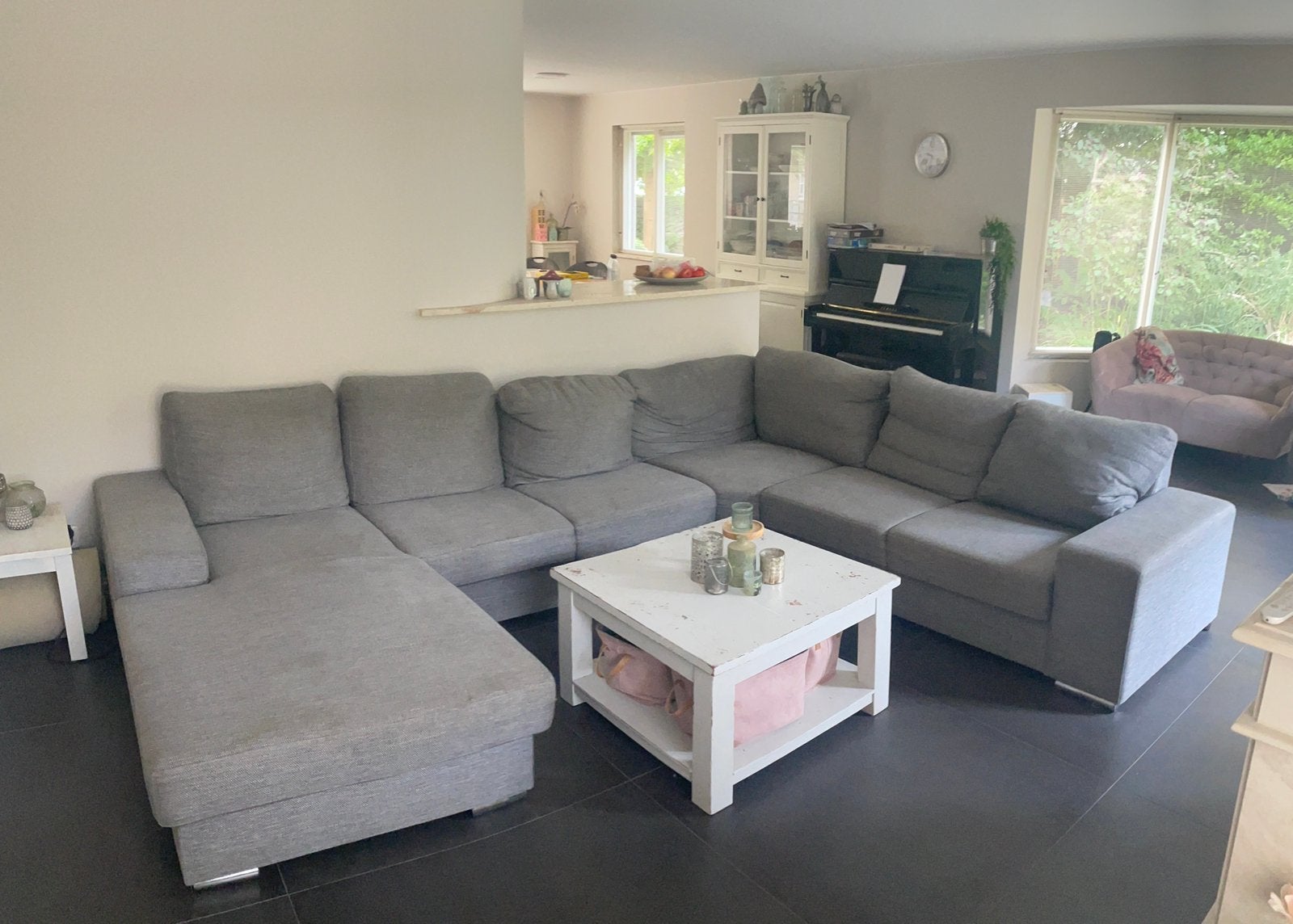 Grijze hoekbank (familiebank) met longchair, Huis en Inrichting, Ophalen, Gebruikt, Stof