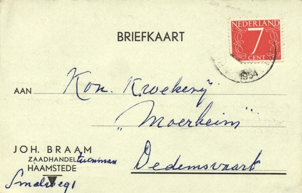 Joh. Braam Zaadhandel, Haamstede - 01.1954 - briefkaart, Ophalen of Verzenden, Briefkaart