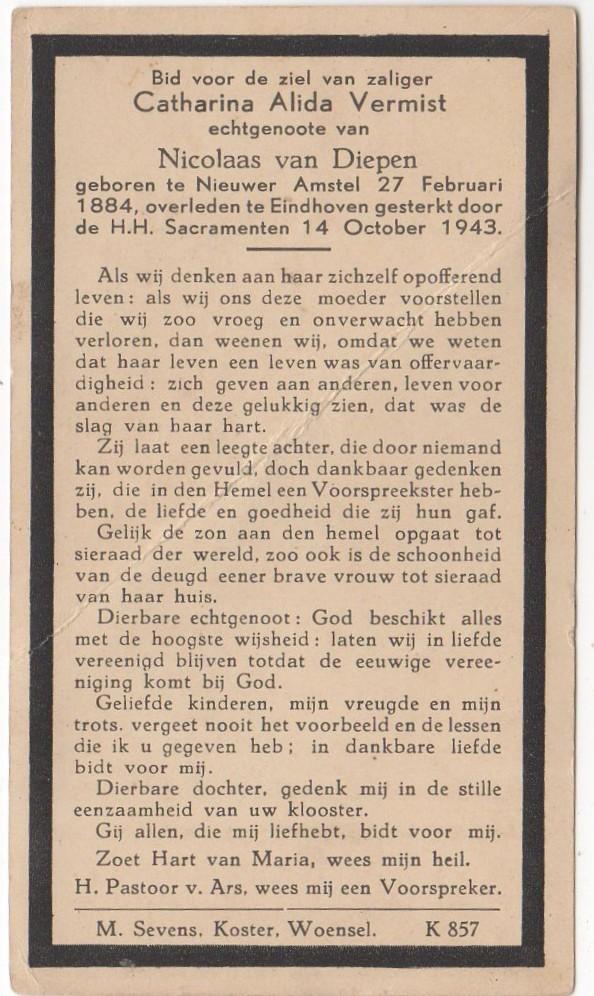 Catharina Alida Vermist 1884 Nieuwer-Amstel + 1943 Eindhoven, Verzenden