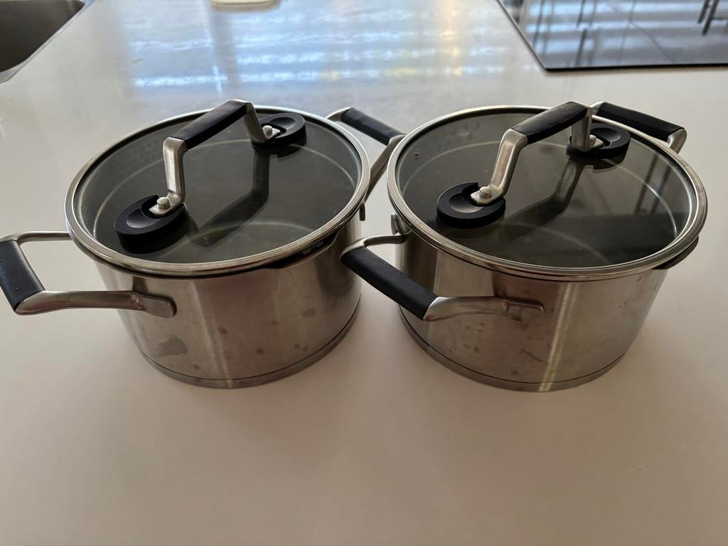 2 Hema pannen met afgietdeksel, Gebruikt, Inductieplaat, Rvs, Ophalen