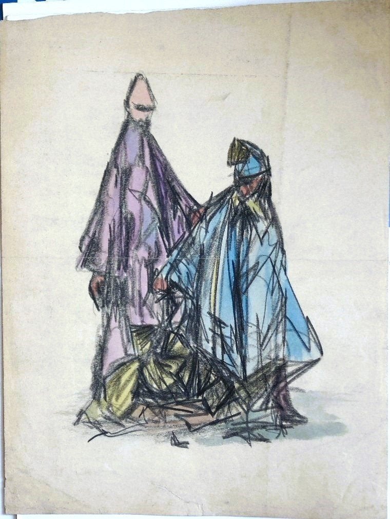 Martin Engelman krijttekening "Staande Figuren in Gewaden", Ophalen, Tekening, Krijttekening, Origineel