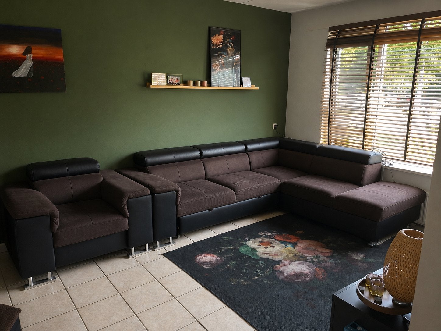 Grote hoekbank met slaapfunctie + bijpassende fauteuil, Ophalen, Gebruikt, Leer