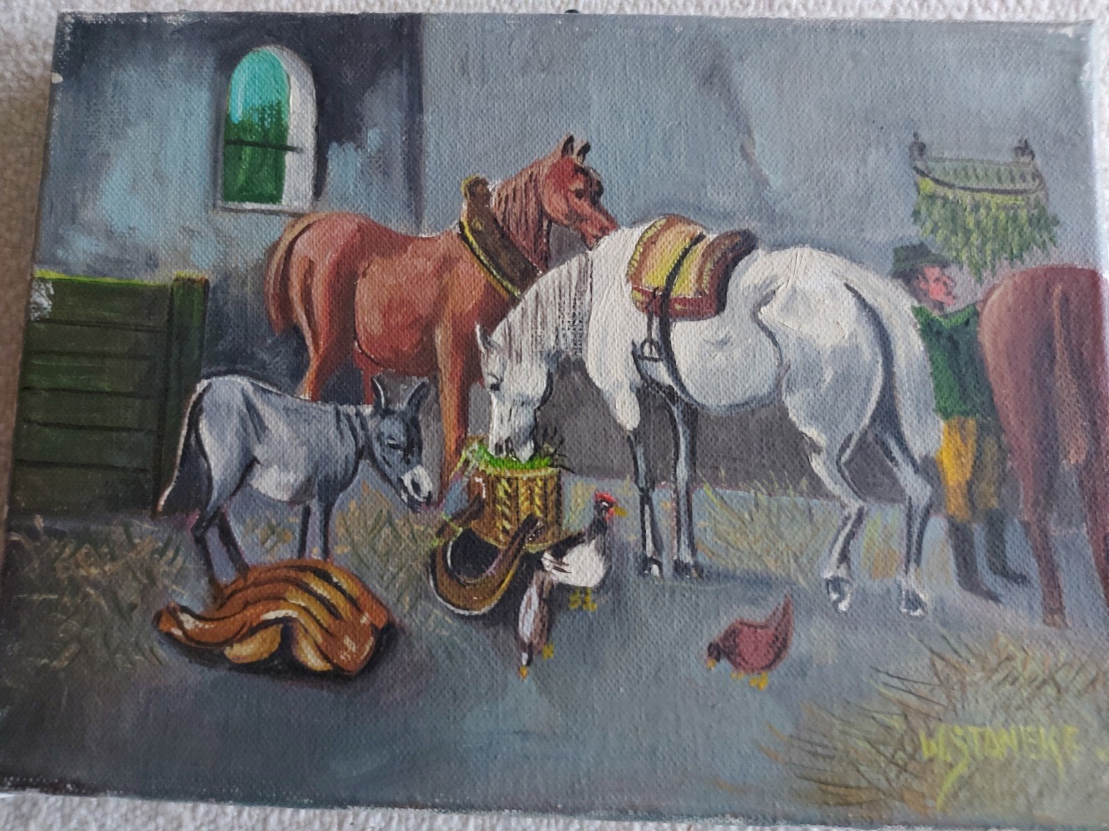 Oud schilderijtje met paarden., Ophalen of Verzenden