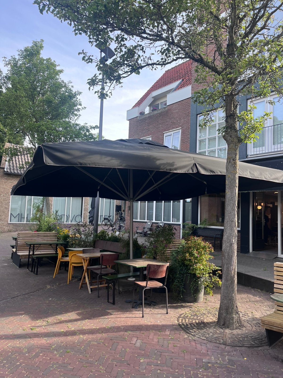 Zwarte parasol 500x500, Tuin en Terras, Parasols, Ophalen, Zo goed als nieuw, Waterdicht, Stokparasol