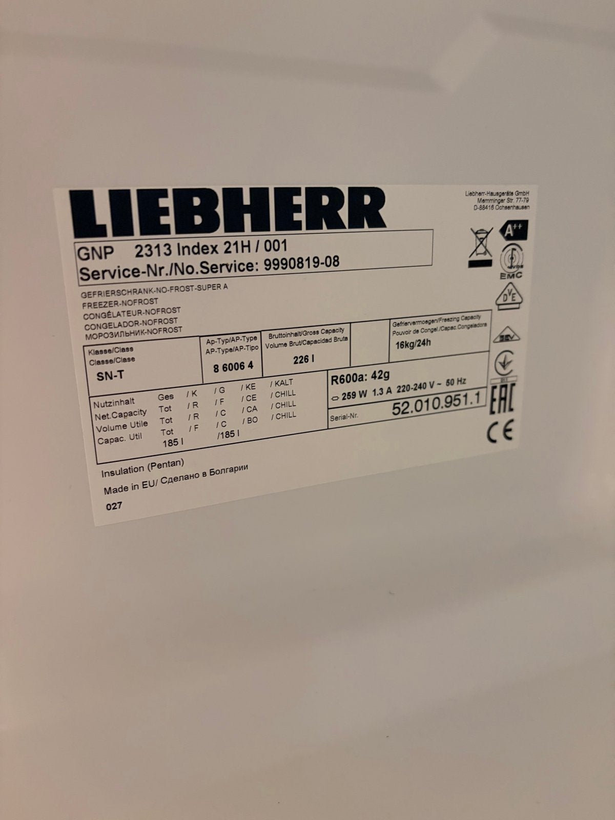 Liebherr NoFrost Vriezer - Zo goed als nieuw, 150 tot 200 liter, 60 cm of meer, Met aparte vriezer, Ophalen of Verzenden