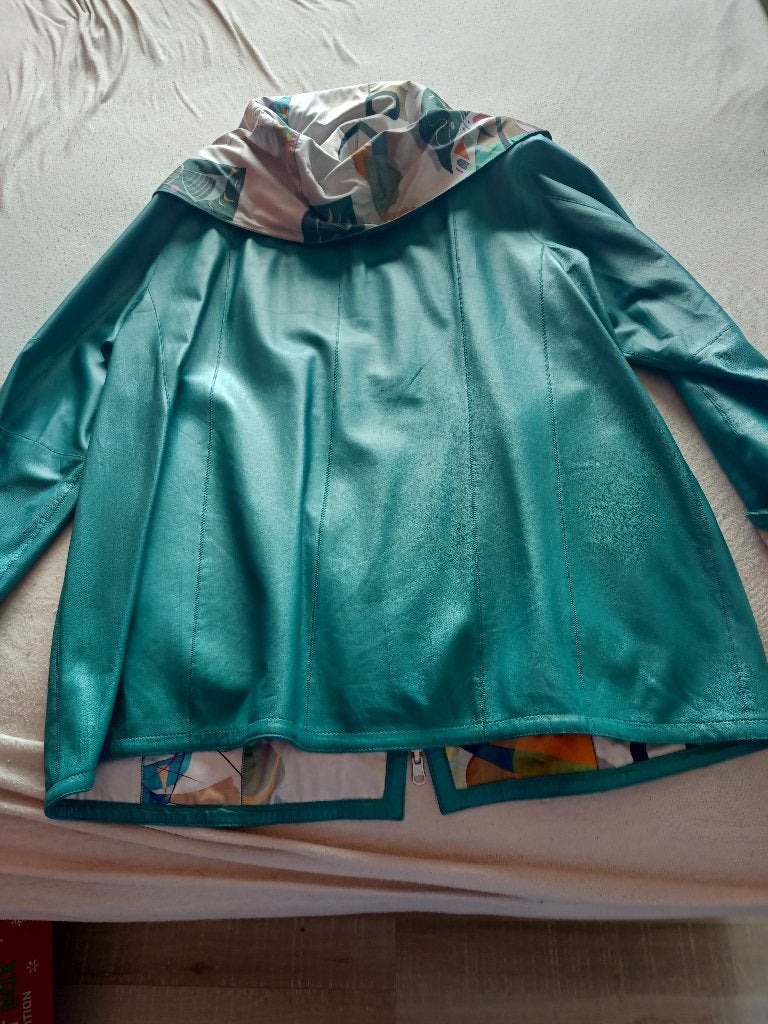 groene kalfsleren jas, Kleding | Dames, Jassen | Zomer, Zo goed als nieuw, Maat 42/44 (L), Groen, Ophalen of Verzenden