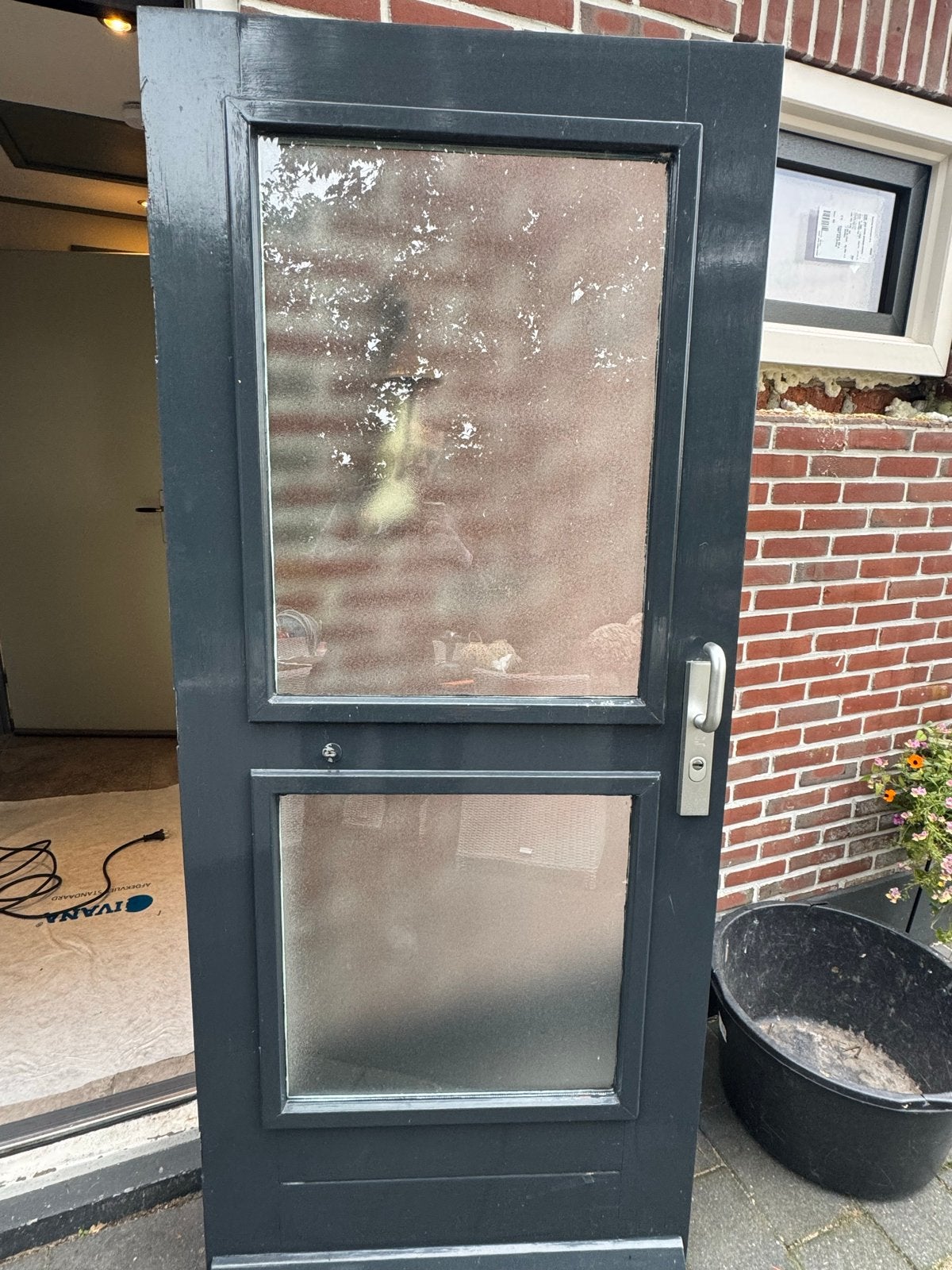Hardhouten achterdeur met Santinato dubbel glas, Doe-het-zelf en Verbouw, Ophalen, Gebruikt, 80 tot 100 cm, Buitendeur