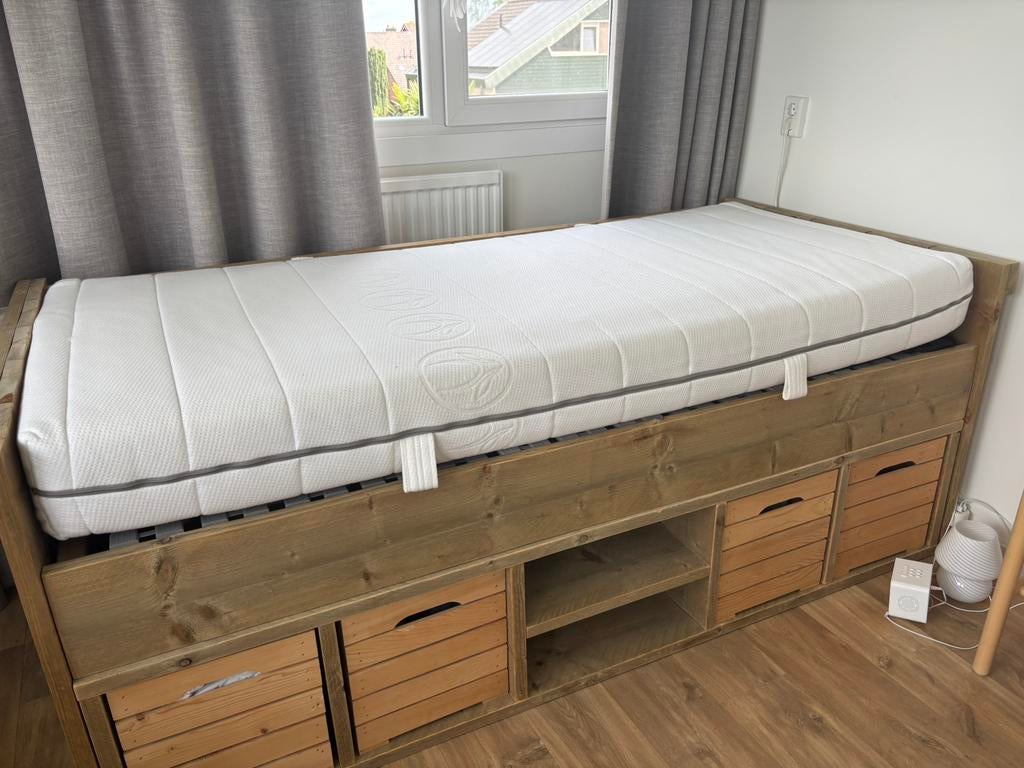 Bed steigerhout, Ophalen, 90 cm, Eenpersoons, Bruin