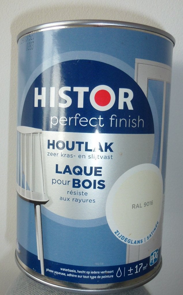 Histor Perfect Finish Houtlak zijdeglans RAL 9016 1,25L, Wit, Nieuw, Ophalen of Verzenden, Lak