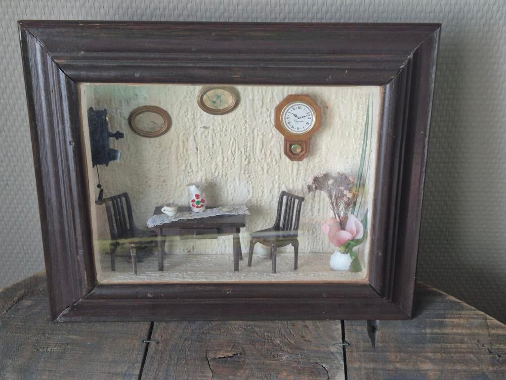 Vintage miniatuur woonkamer in kader, Ophalen of Verzenden