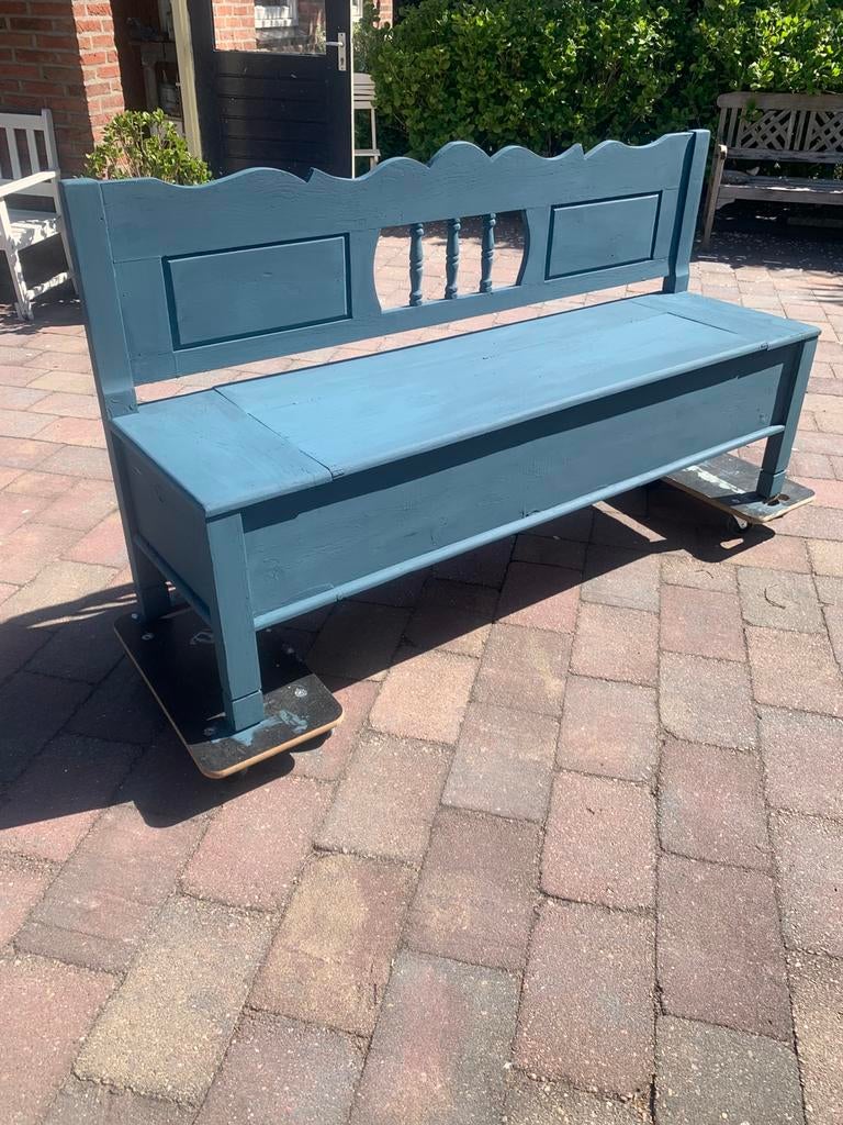 Brocante Deense blauwe klepbank, Antiek en Kunst, Curiosa en Brocante, Ophalen