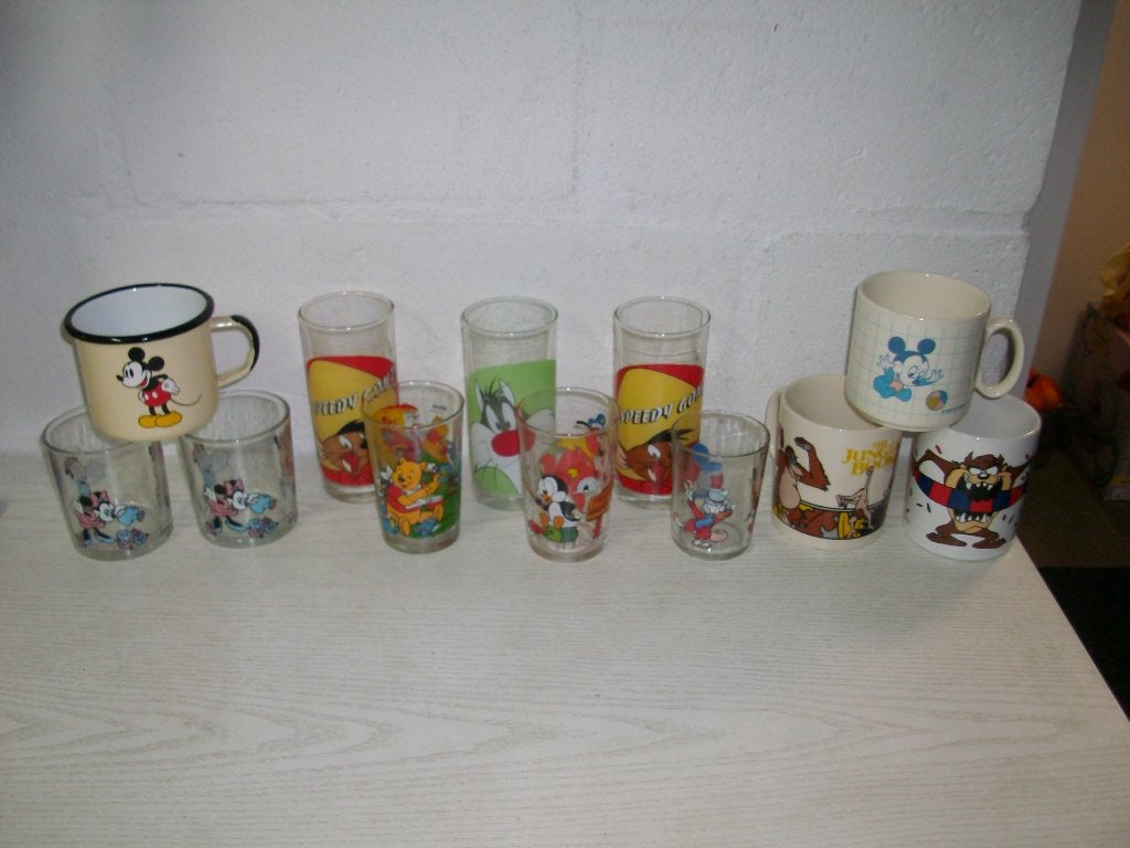 Vintage Disney Simpsons Taz Looney tunes glazen mokken, Verzamelen, Ophalen of Verzenden, Gebruikt, Frisdrankglas