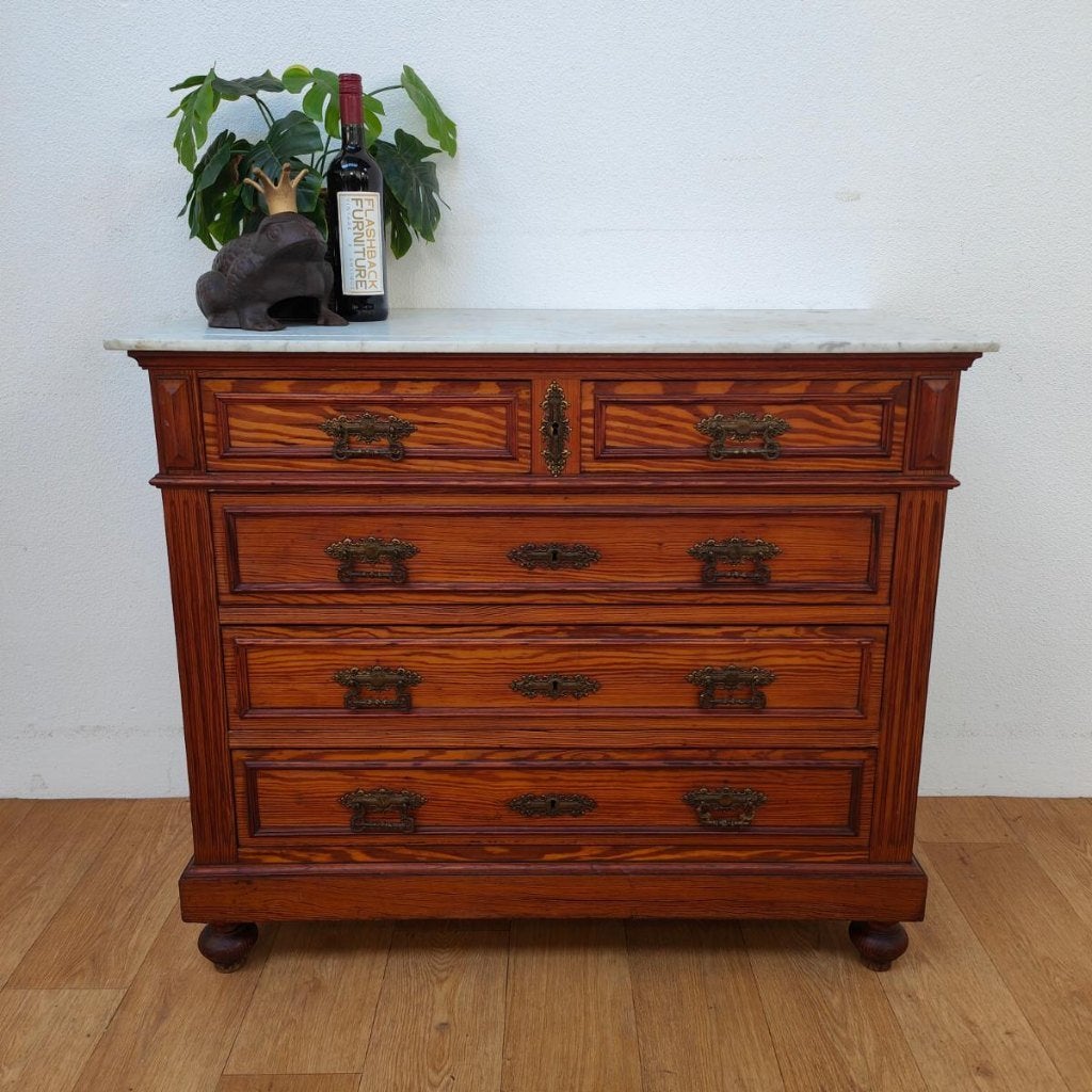 Antiek Vintage dressoir ladekast commode met marmer blad 403, Valkenswaard, Gebruikt, Info@flashbackfurniture.nl, Eikenhout