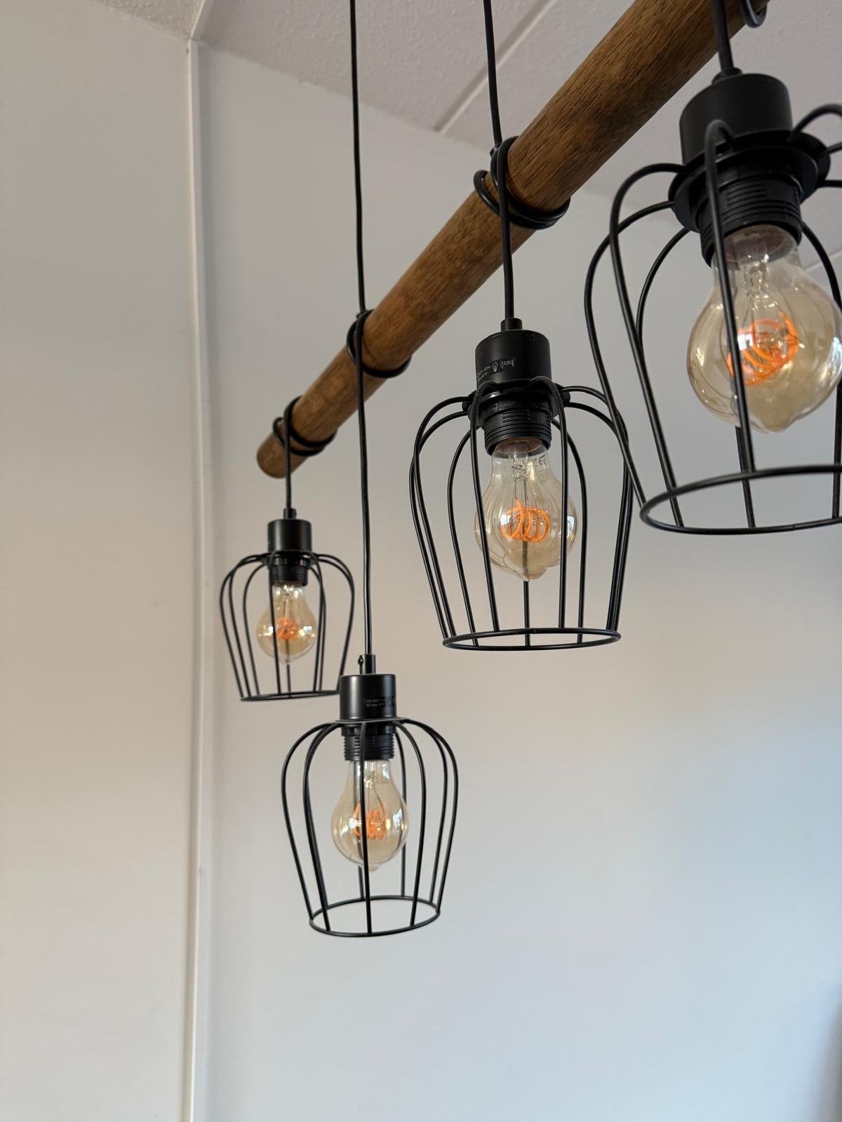 Industriële Ganglamp met houten balk en 4 kooilampen, Ophalen of Verzenden, Zo goed als nieuw, Hout, E27 (groot)