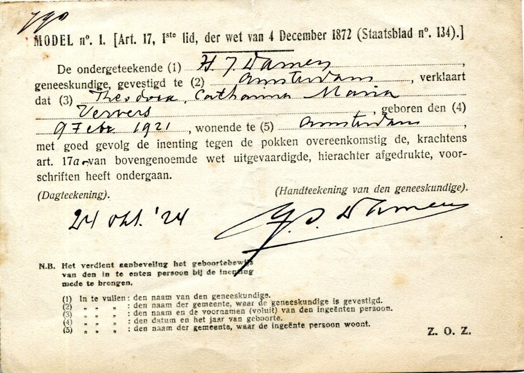 1924 Pokkenbriefje / vaccinatiebewijs msterdam, Verzenden