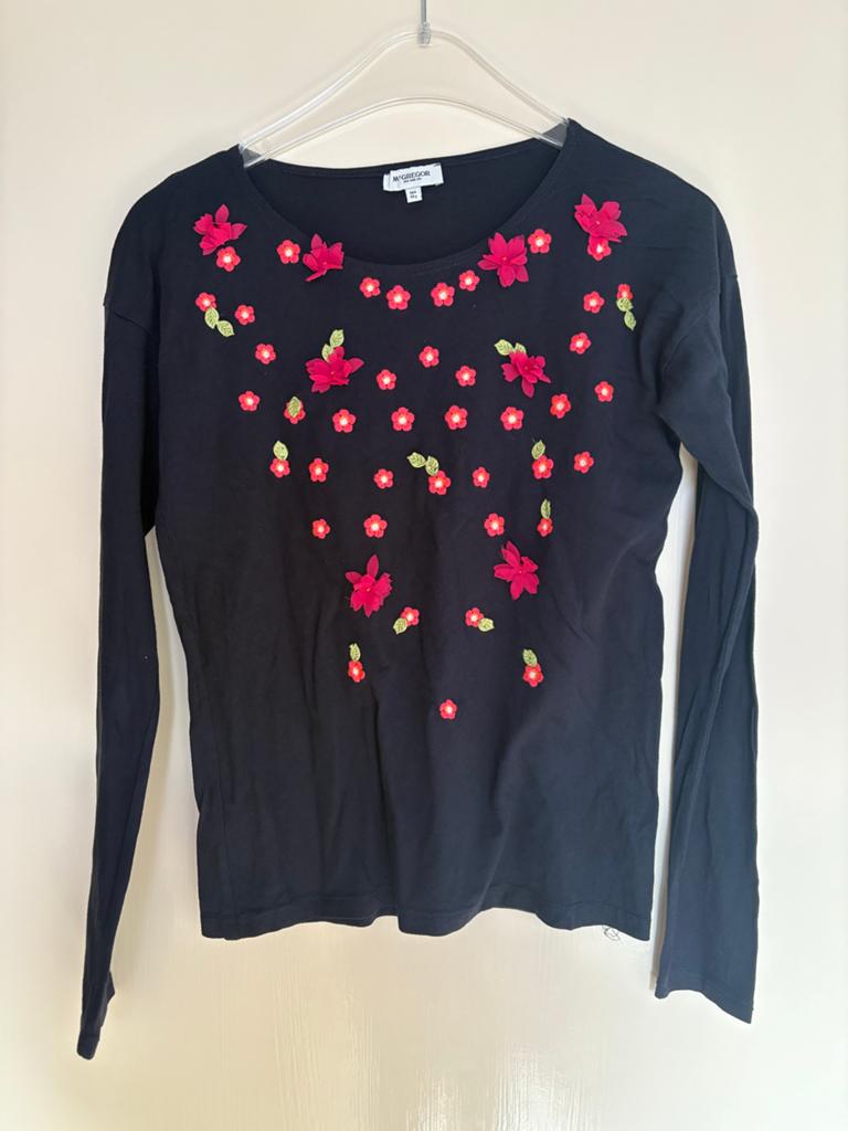 McGregor Zwart Shirt met Rode Bloemen - Maat 164/14Y, Ophalen of Verzenden, Gebruikt, Meisje, Shirt of Longsleeve
