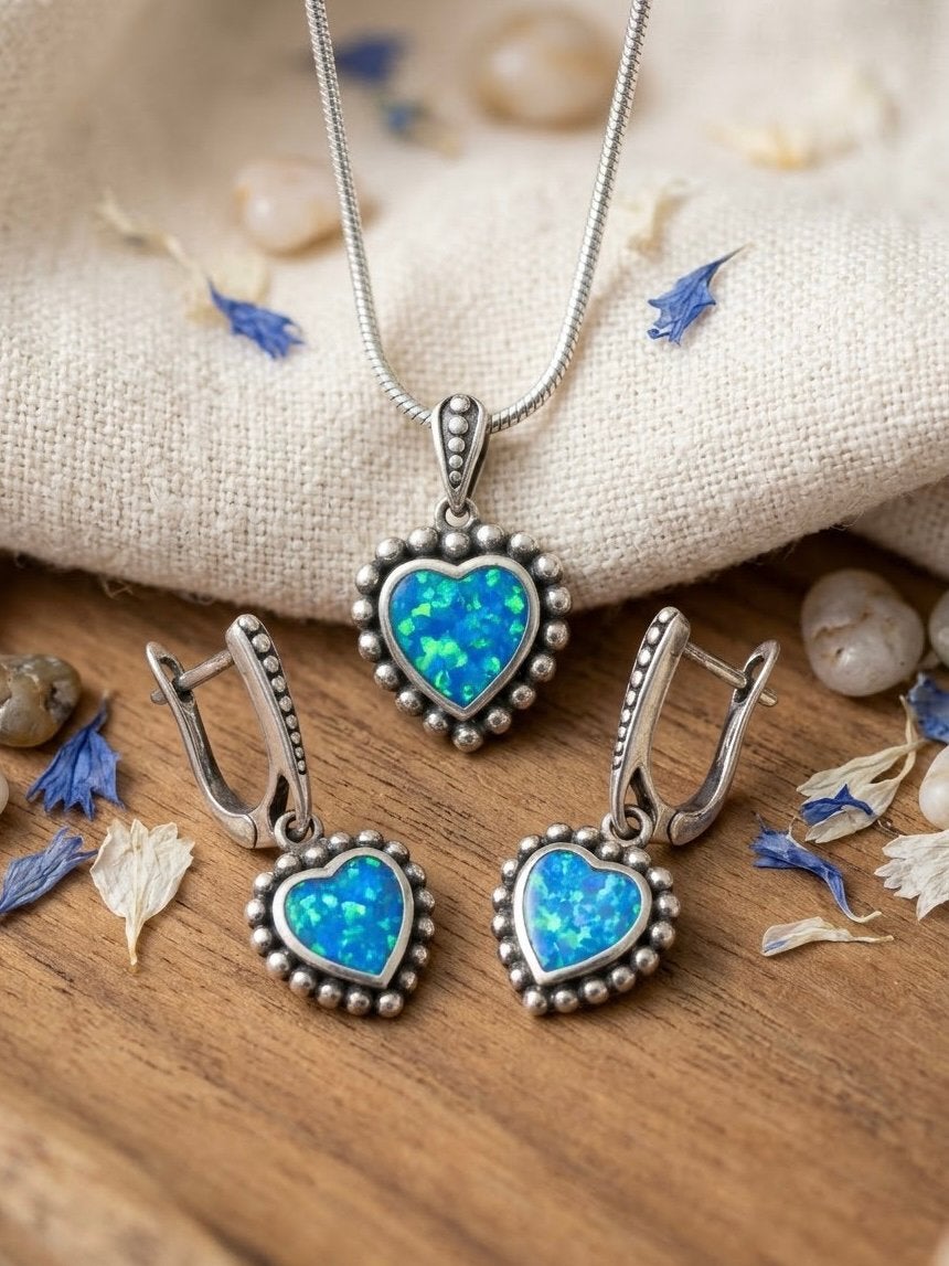 zilveren vintageset snakecollier + oorbellen met opaal