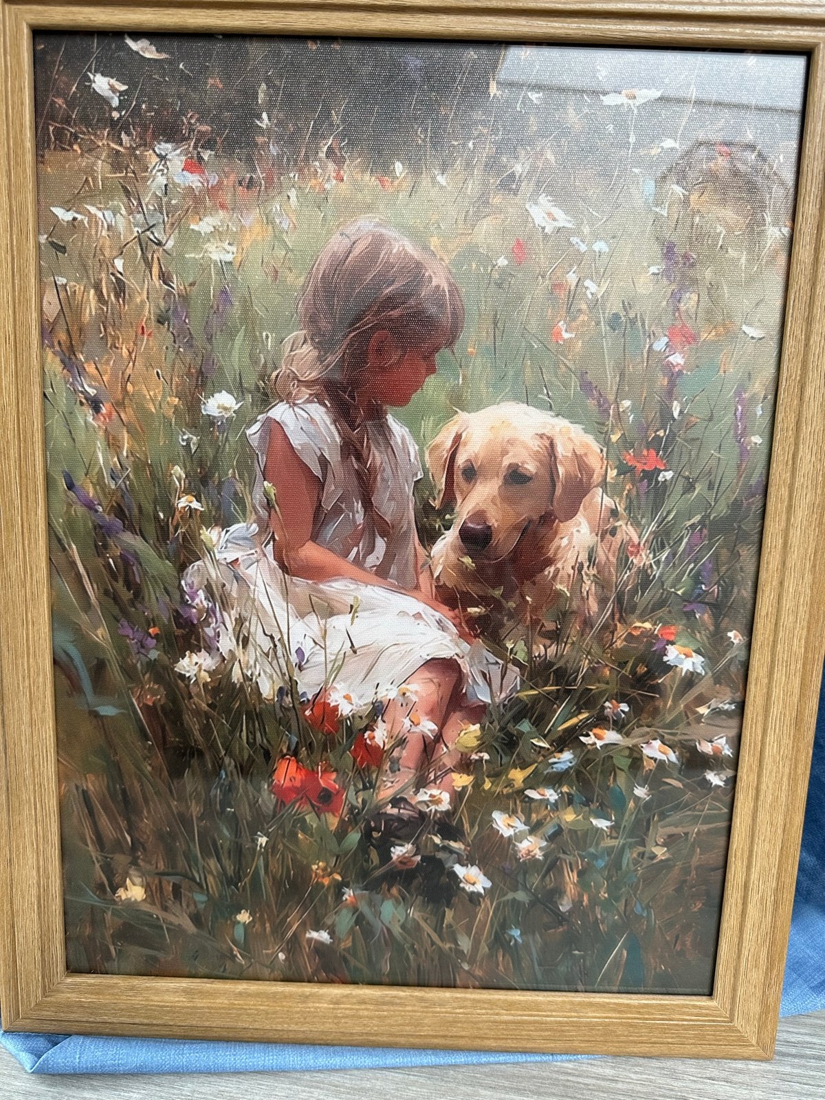 Gicle’e Schilderij meisje met Golden Retriever in bloementui, Antiek en Kunst, Kunst | Schilderijen | Klassiek, Doek, Portret of Personen
