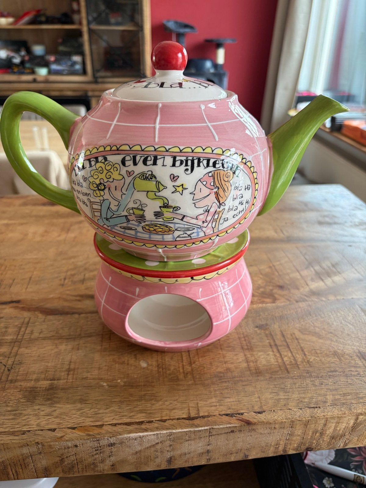 Blond Amsterdam Theepot 'Even Bijkletsen' met theelicht, Gebruikt, Ophalen of Verzenden, Steen/keramiek, Meerkleurig