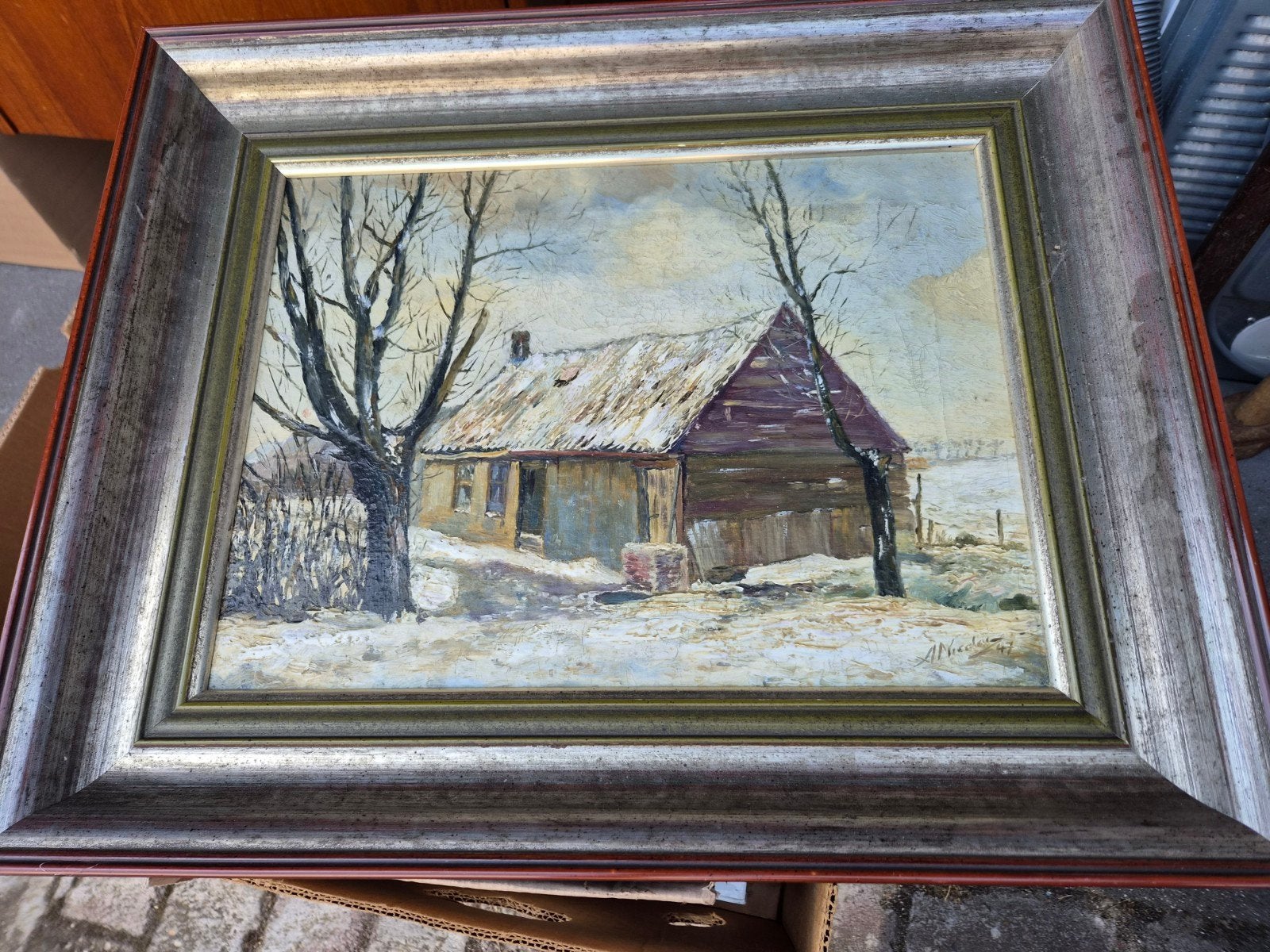 Winters landschap schilderij A. Niesda '47, ingelijst, Ophalen