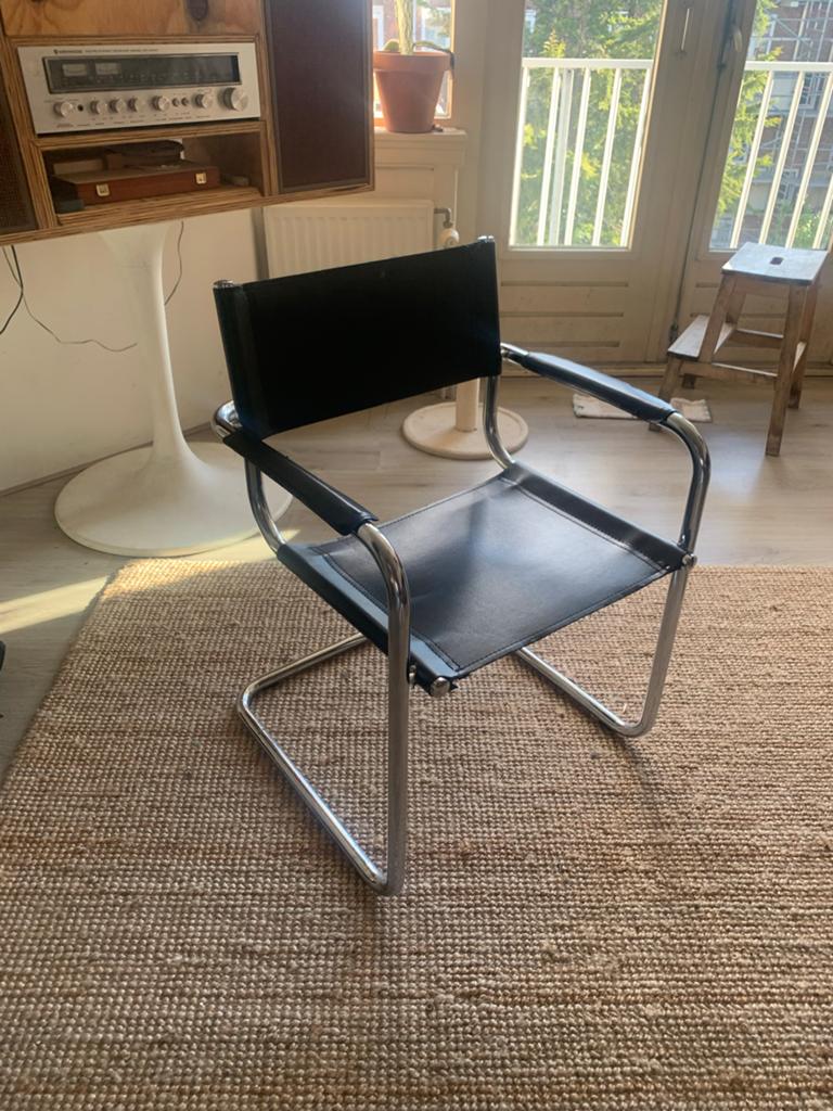 Vintage Bauhaus stijl buisframe stoel, zwart leer, Ophalen, Gebruikt, Drie, Zwart