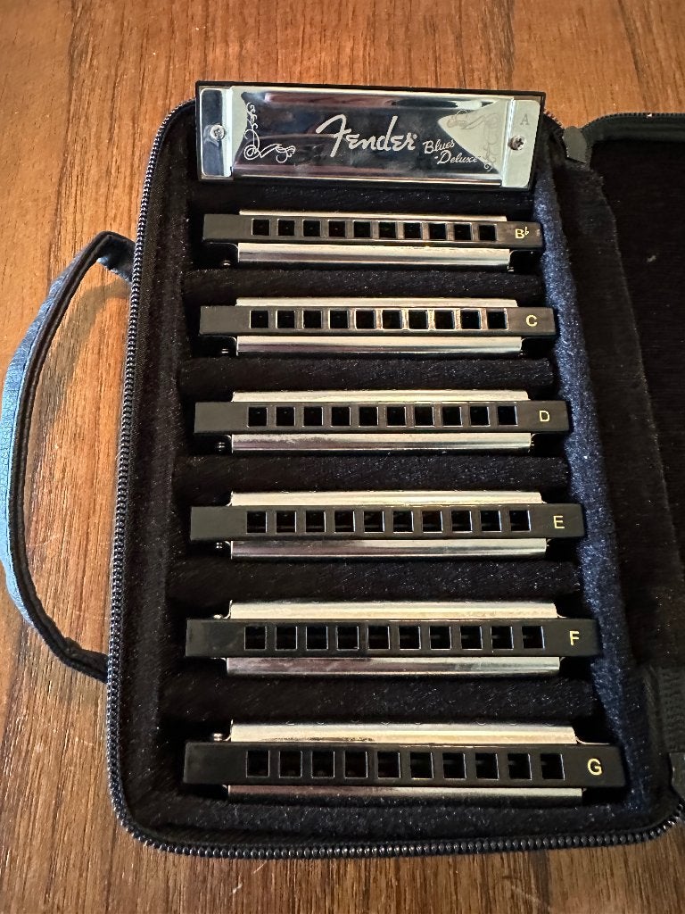 Fender Blues Deluxe – complete set van 7 mondharmonica's, Ophalen, Zo goed als nieuw, Overige typen, Met koffer of doosje