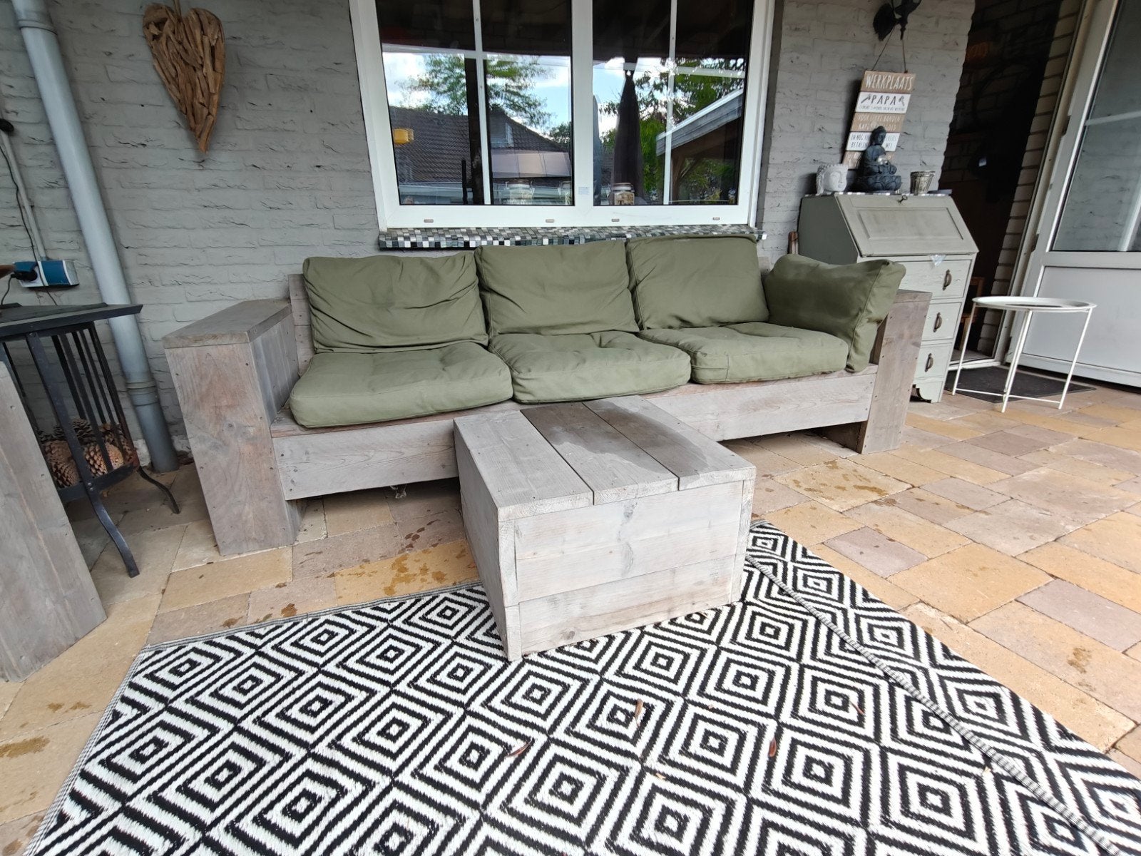 Steigerhouten loungeset met kussens, Ophalen, Gebruikt, Bank, Steigerhout