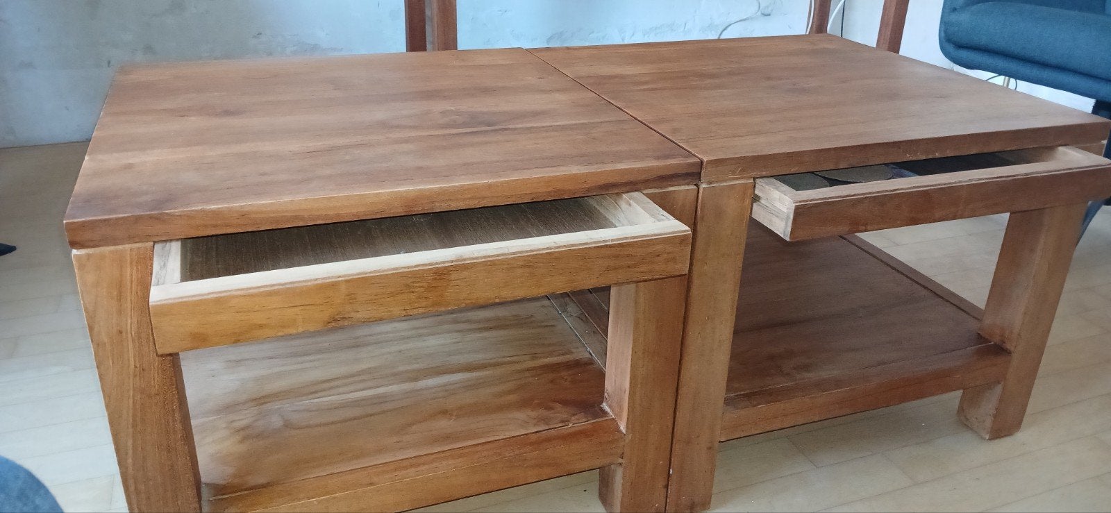 3 teakhouten salontafels  met lade 5⁸5 x 55 x 45, Huis en Inrichting, Ophalen, Gebruikt, Vierkant, Minder dan 50 cm