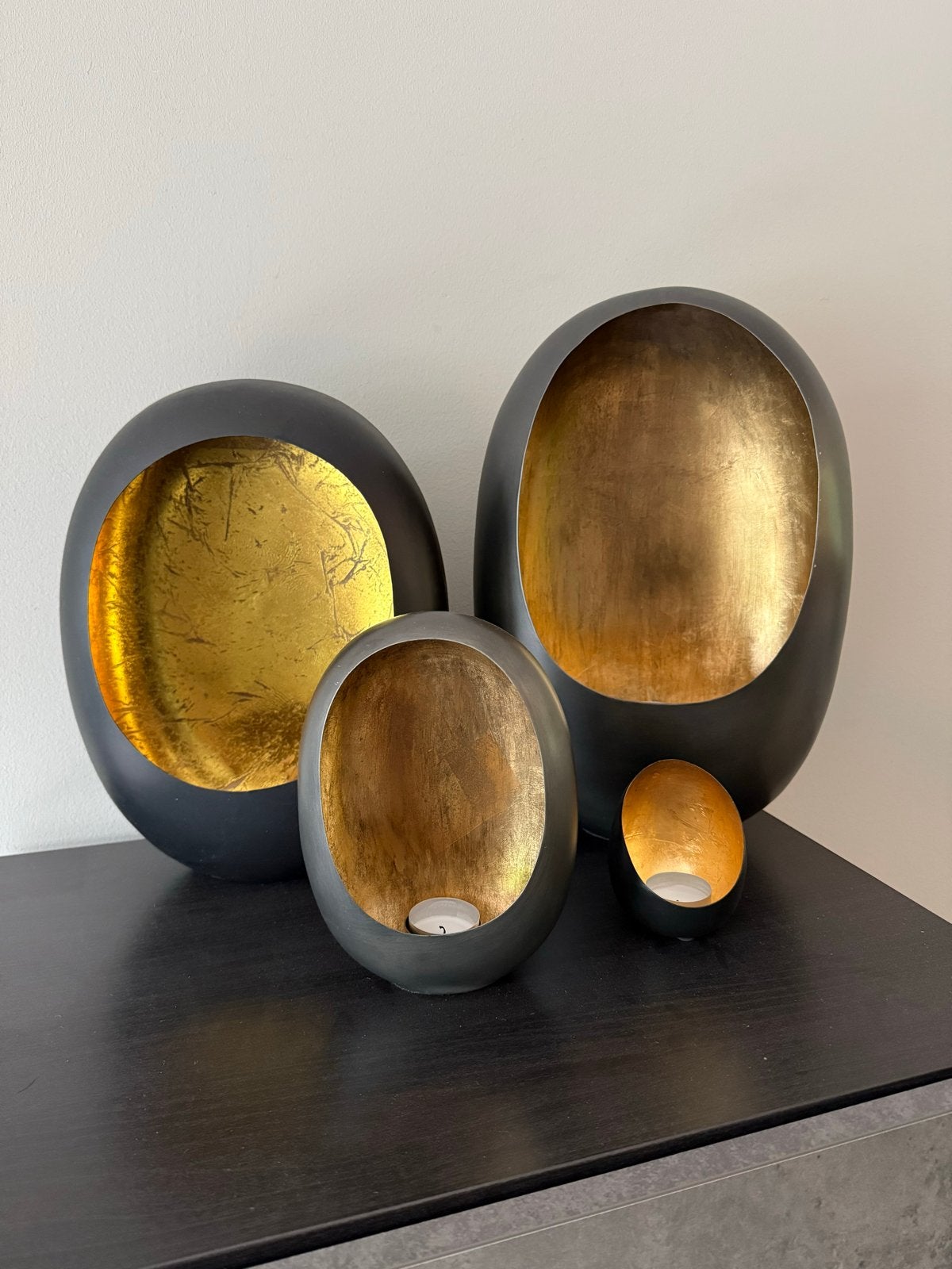 Set van 4 moderne theelichthouders, zwart/goud, Ophalen, Overige materialen, Zwart, Waxinelichthouder