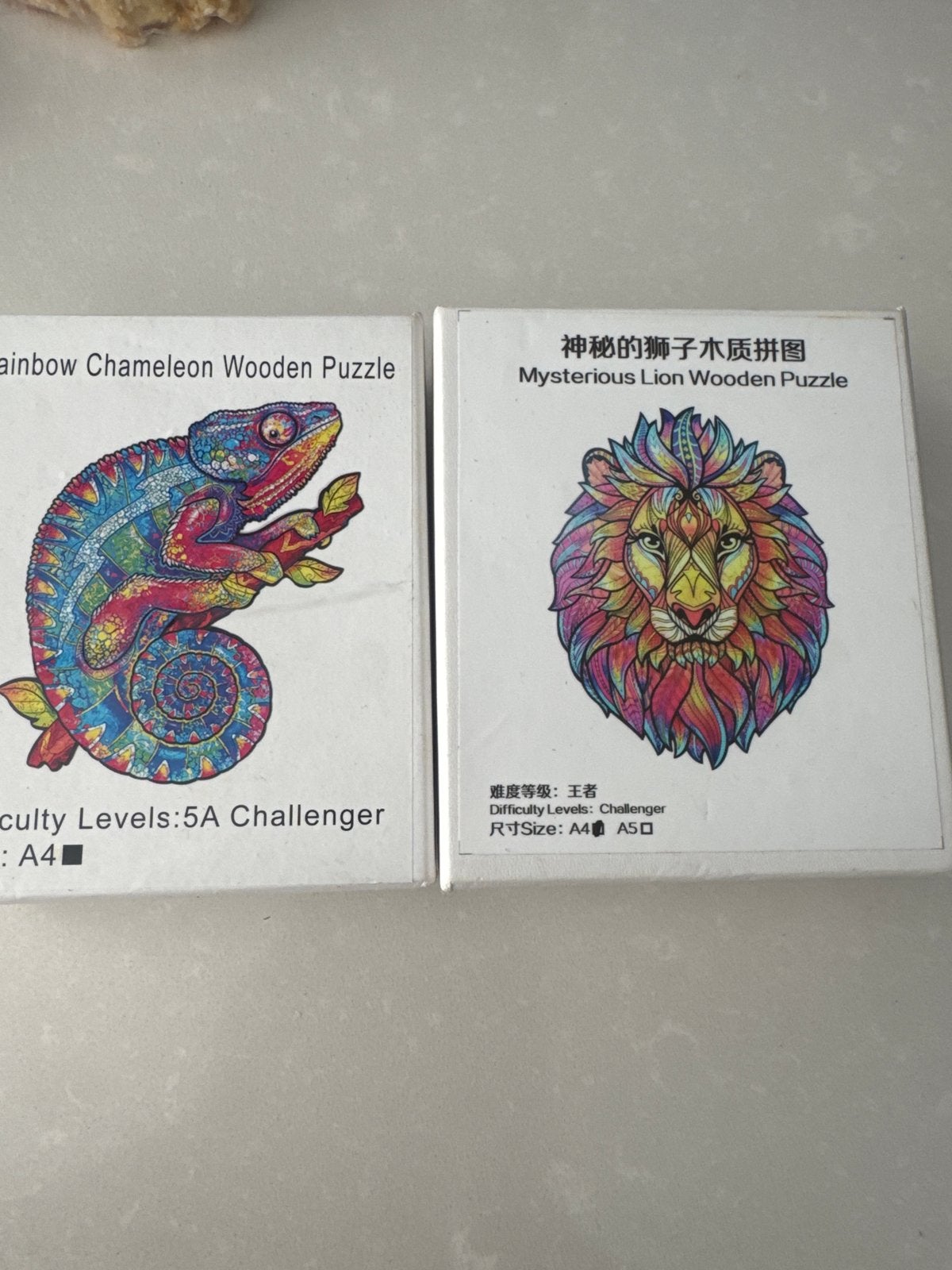 Houten Dieren Puzzels: Kameleon & Leeuw (Nieuw), Ophalen of Verzenden, Minder dan 500 stukjes, Nieuw, Legpuzzel