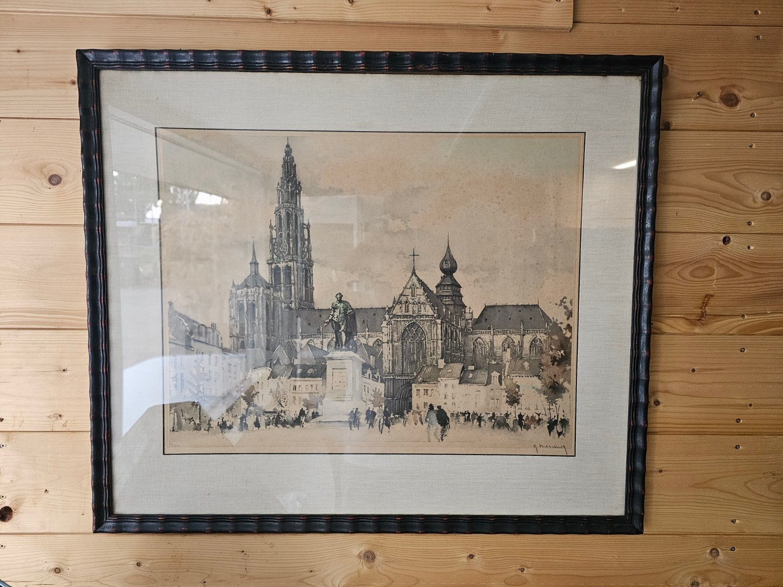 Antwerpen Grote Markt tekening, gesigneerd, ingelijst, Ophalen of Verzenden, Tekening, Gemengde techniek, Ingelijst