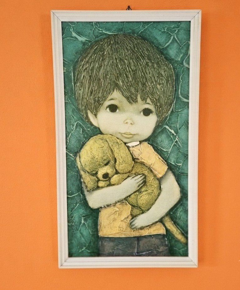Vintage jaren 70 schilderij print op karton in lijst - Jonge, Ophalen of Verzenden, Huis en Inrichting