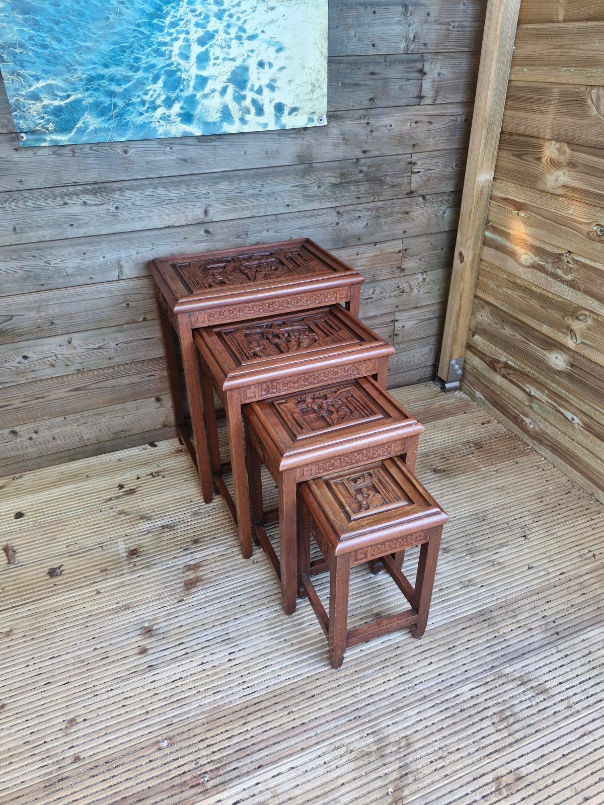 Vintage Aziatische gesneden nesttafels met lade (set van 4), Ophalen of Verzenden