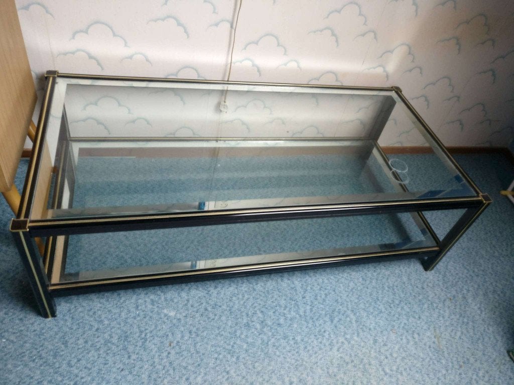 Salontafel zwart/goud met twee glazen platen, Ophalen, Gebruikt, 100 tot 150 cm, Glas