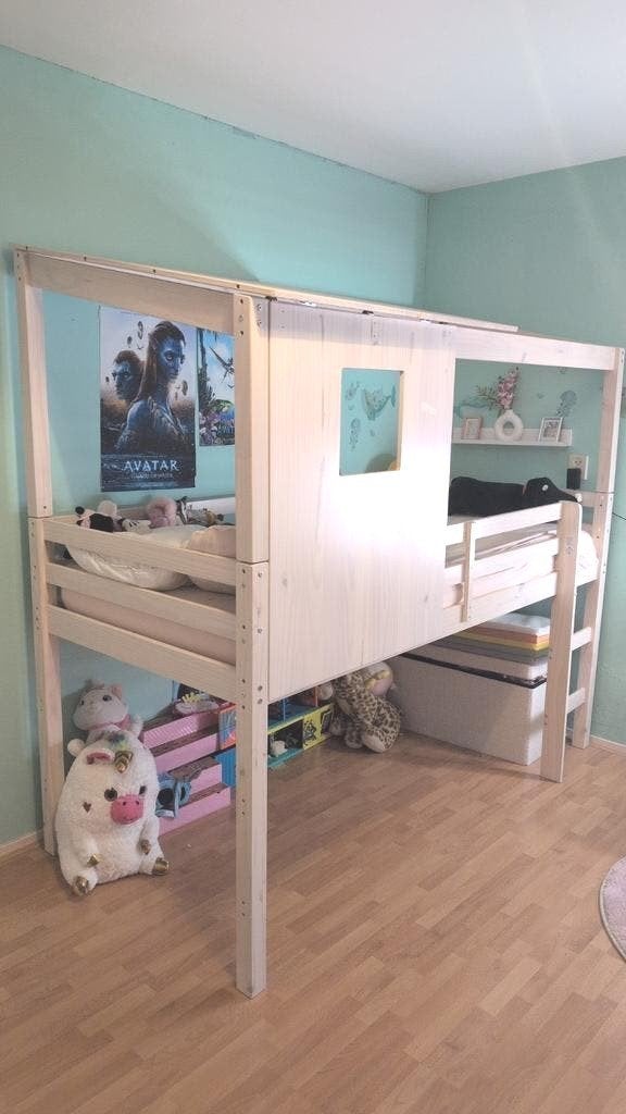 KinderBed + Half hoogslaper met trapje en dak, 90 cm, Eenpersoons, Minder dan 160 cm, Ophalen of Verzenden