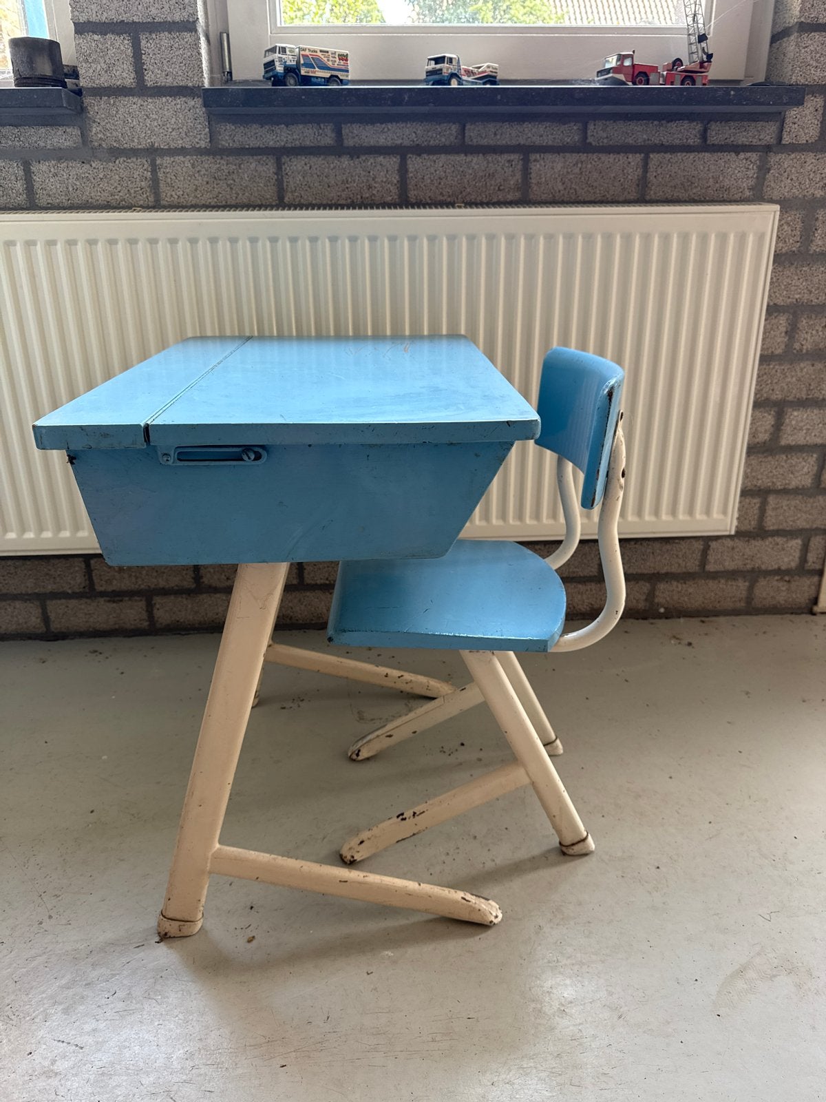 Vintage Schoolbankje met Stoel - Lichtblauw, Ophalen