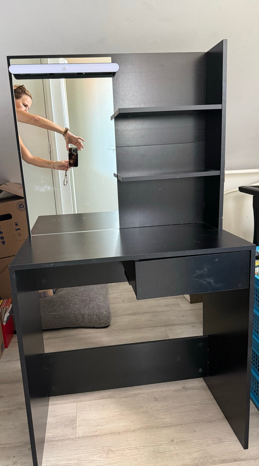 Zwart make-up bureau met spiegel en planken, Ophalen, Gebruikt, 100 tot 150 cm, 50 tot 100 cm